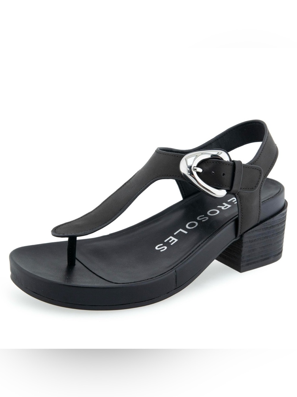 AEROSOLES Black Leather T-Strap Block Heel Sandal with Silver Buckle